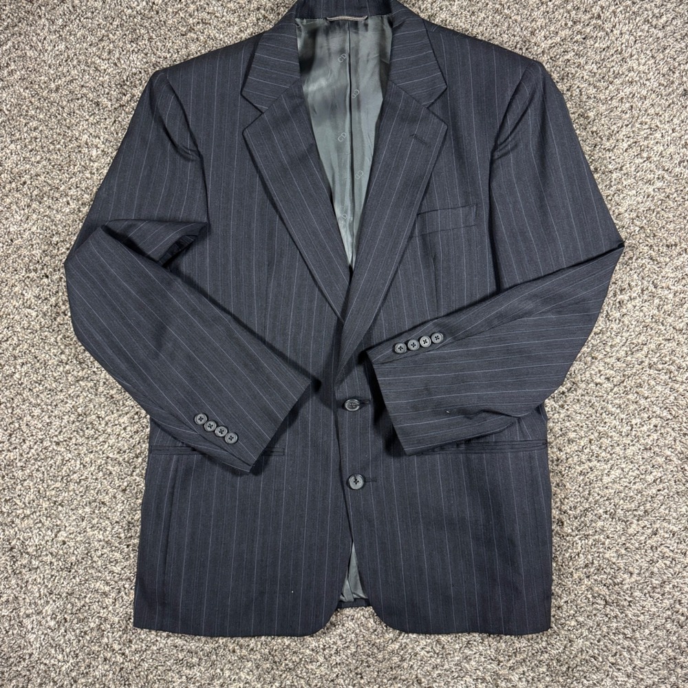 Vintage Christian Dior 41R Pinstripe Blazer Mens Charcoal Grey Wool Suit